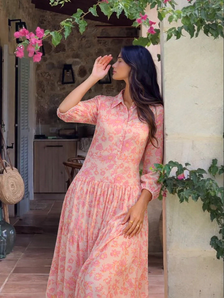 Women White &amp; Pink Floral Front Button Down Midi Dress
