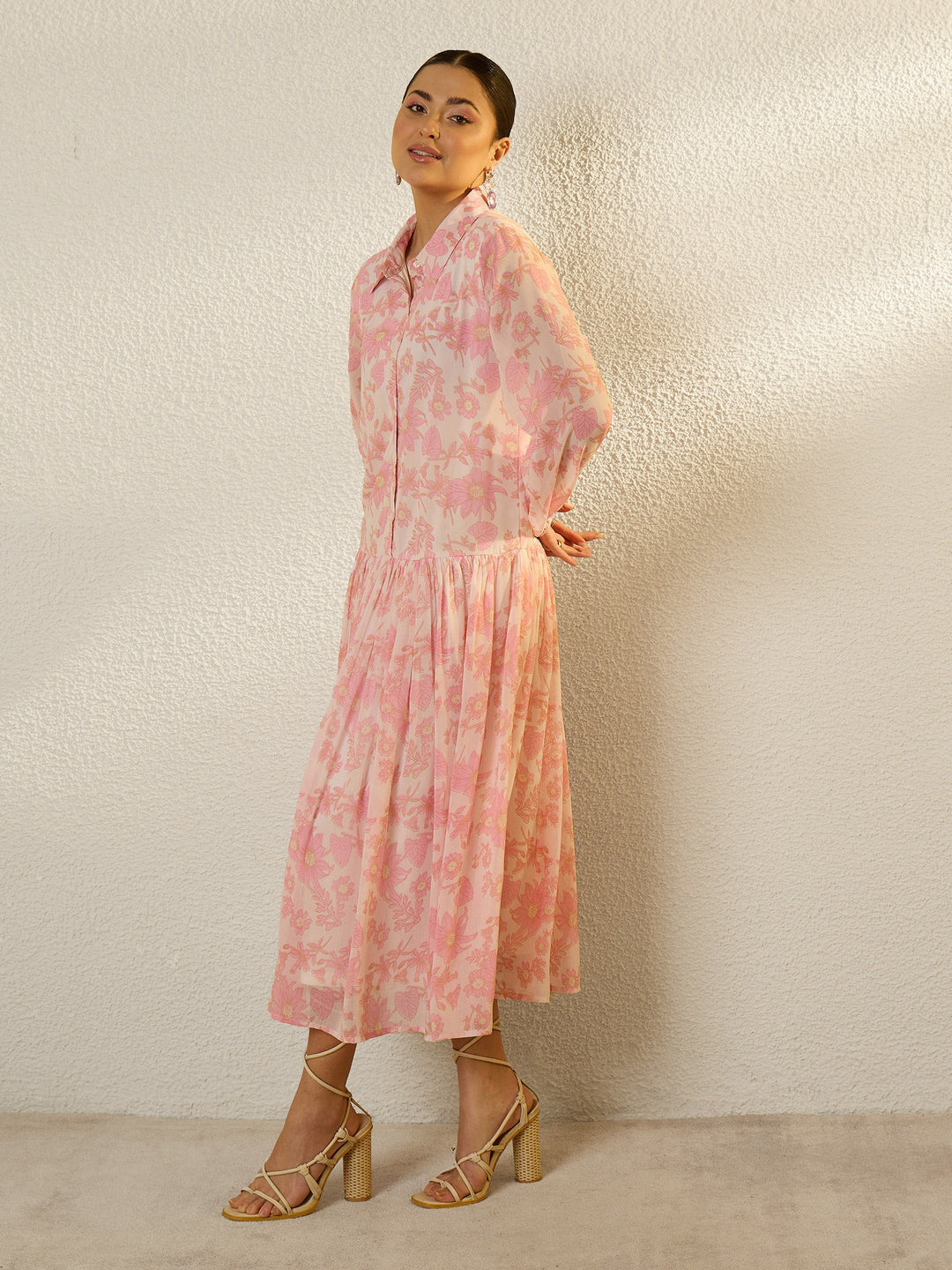 Women White &amp; Pink Floral Front Button Down Midi Dress