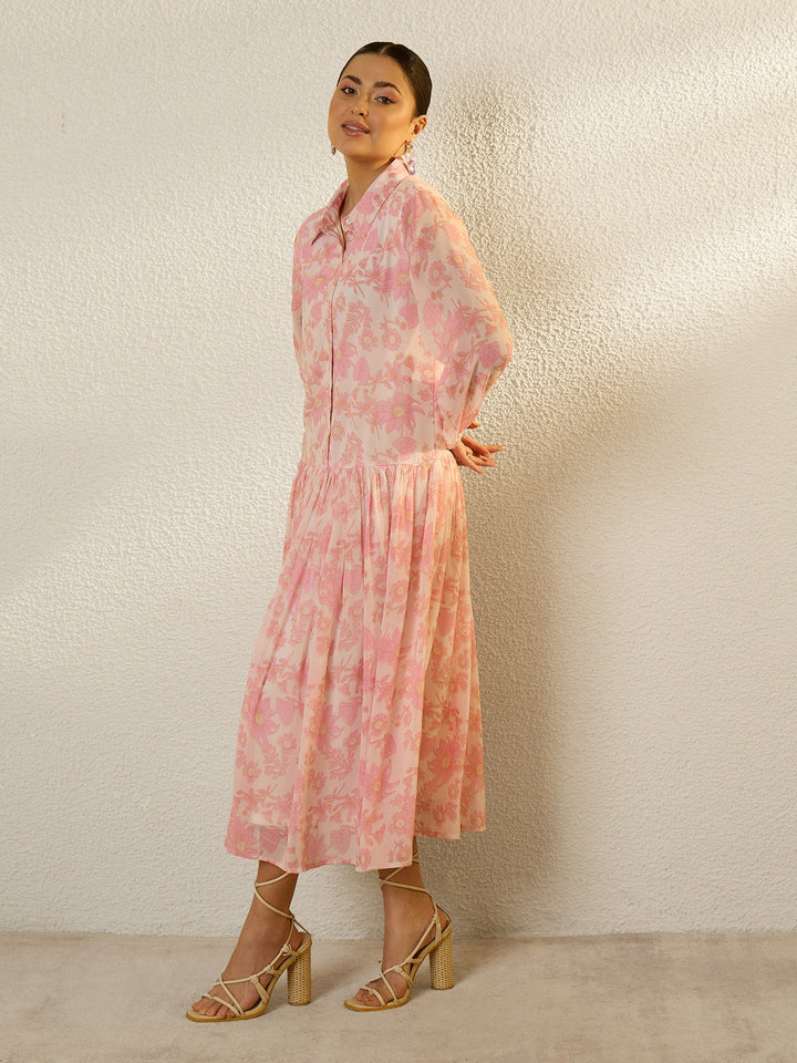 Women White &amp; Pink Floral Front Button Down Midi Dress