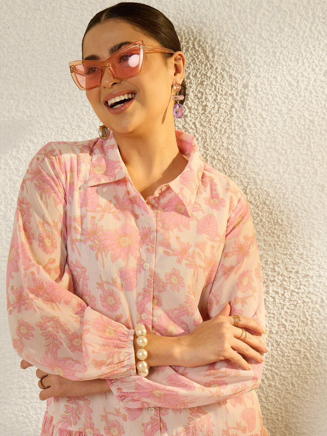 Women White &amp; Pink Floral Front Button Down Midi Dress