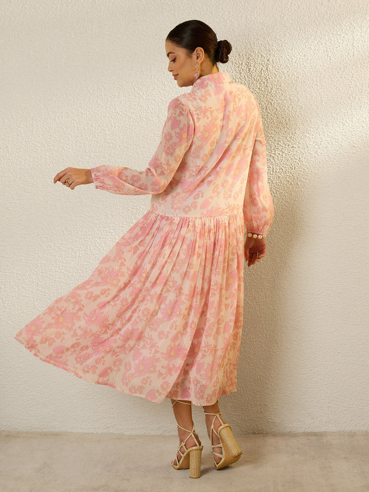 Women White &amp; Pink Floral Front Button Down Midi Dress