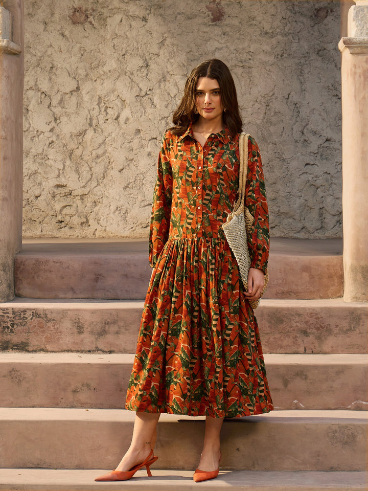 Women Rust Tropical Print Front Button Down Midi Dress