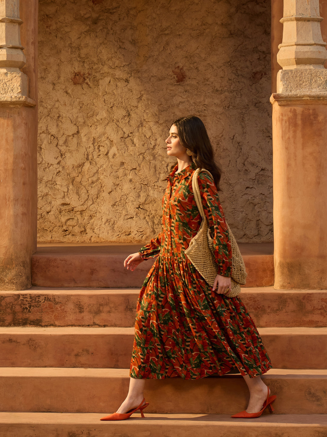 Women Rust Tropical Print Front Button Down Midi Dress