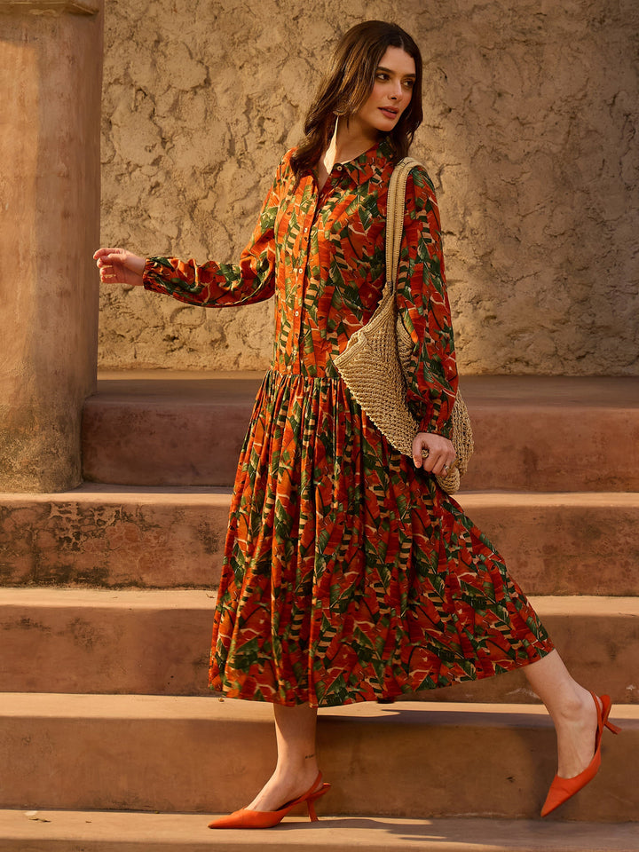 Women Rust Tropical Print Front Button Down Midi Dress