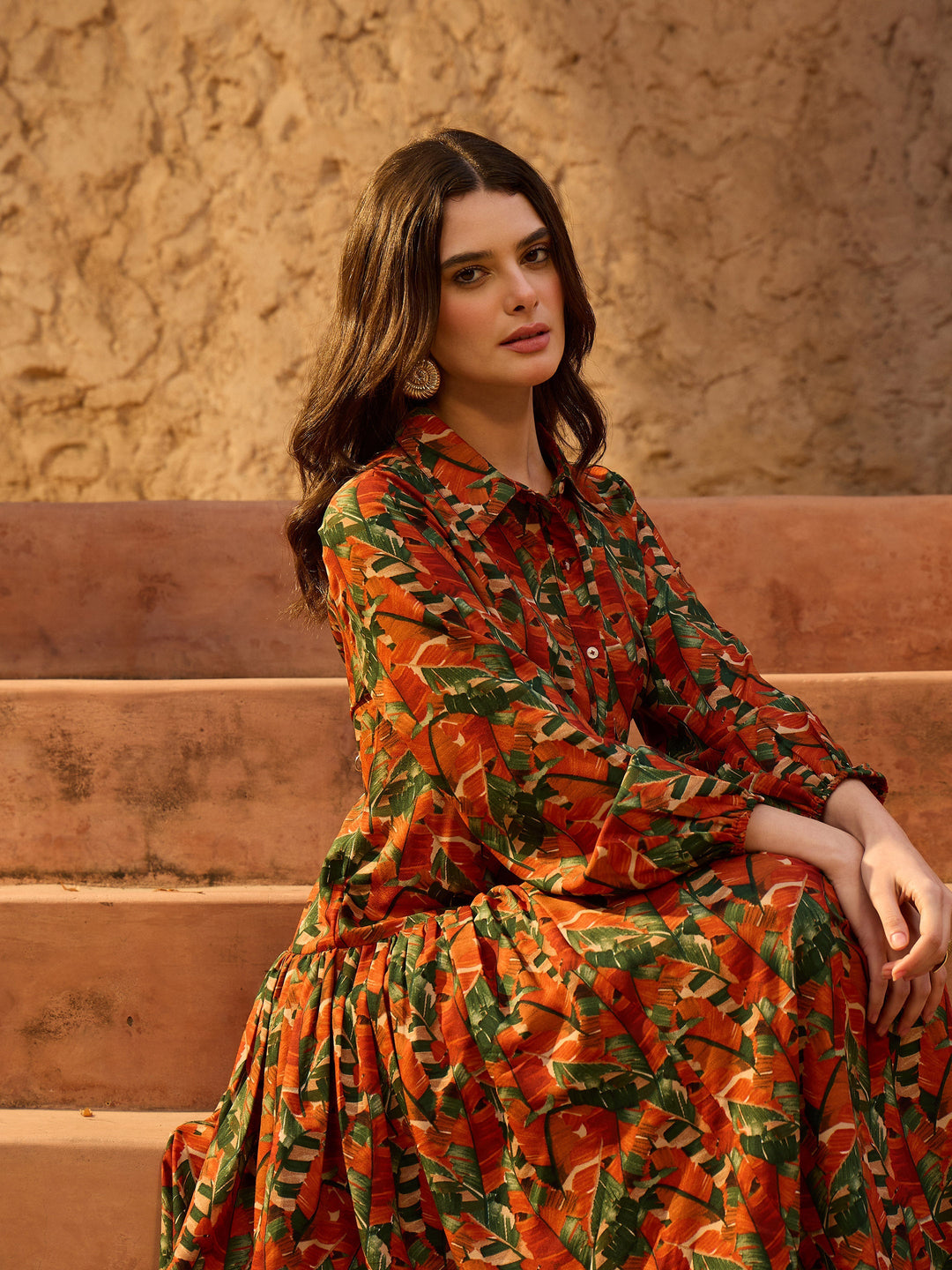 Women Rust Tropical Print Front Button Down Midi Dress