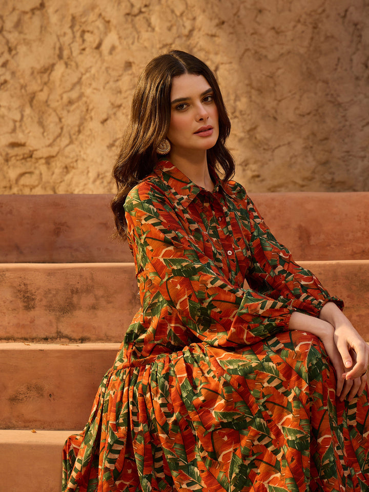 Women Rust Tropical Print Front Button Down Midi Dress