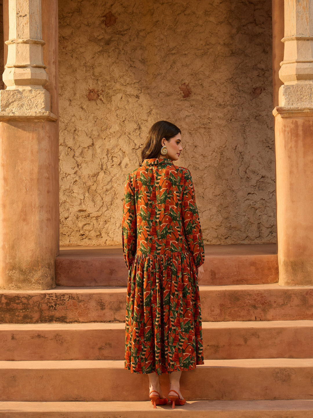 Women Rust Tropical Print Front Button Down Midi Dress