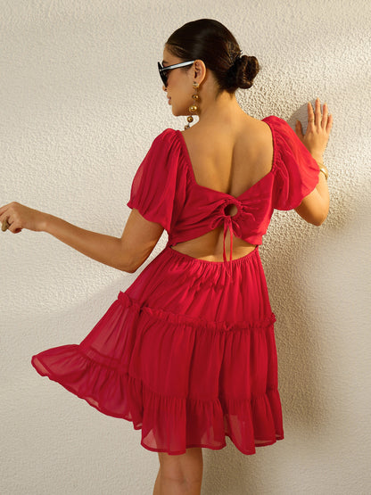 Women Red Sweetheart Neck Short Skater Dress