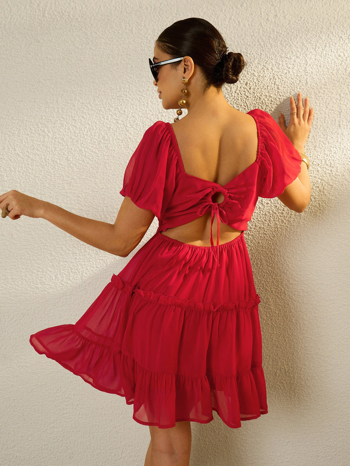 Women Red Sweetheart Neck Short Skater Dress