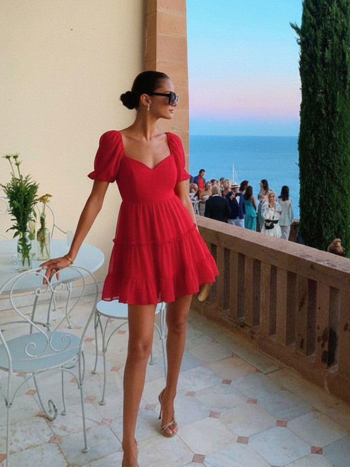 Women Red Sweetheart Neck Short Skater Dress