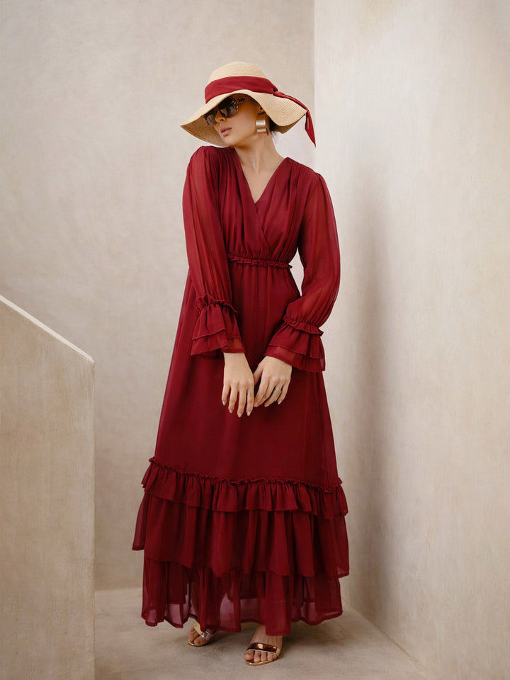 Women Maroon V-Neck Flared Maxi Dress