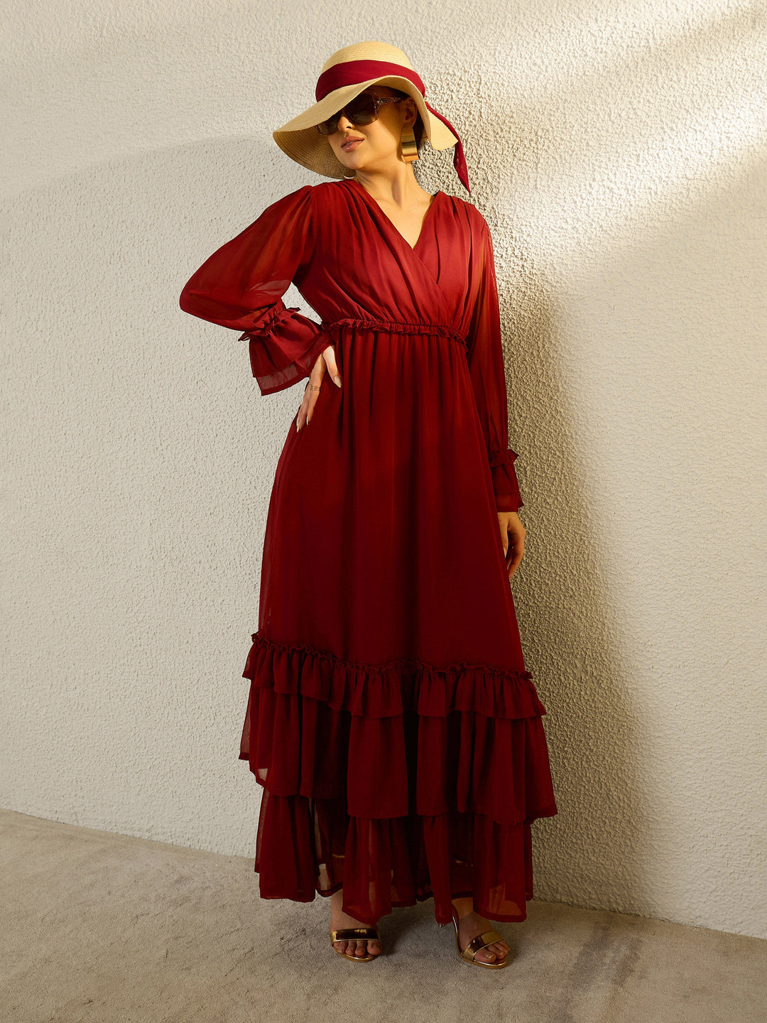 Women Maroon V-Neck Flared Maxi Dress