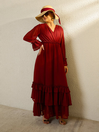 Women Maroon V-Neck Flared Maxi Dress
