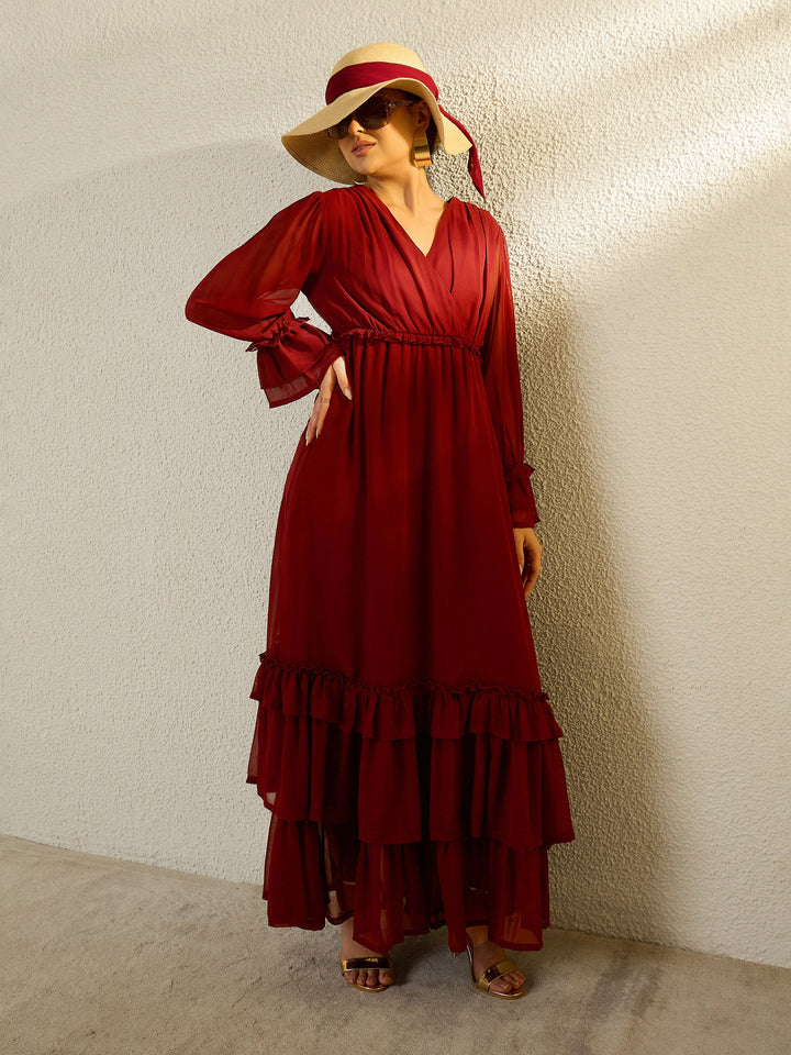 Women Maroon V-Neck Flared Maxi Dress