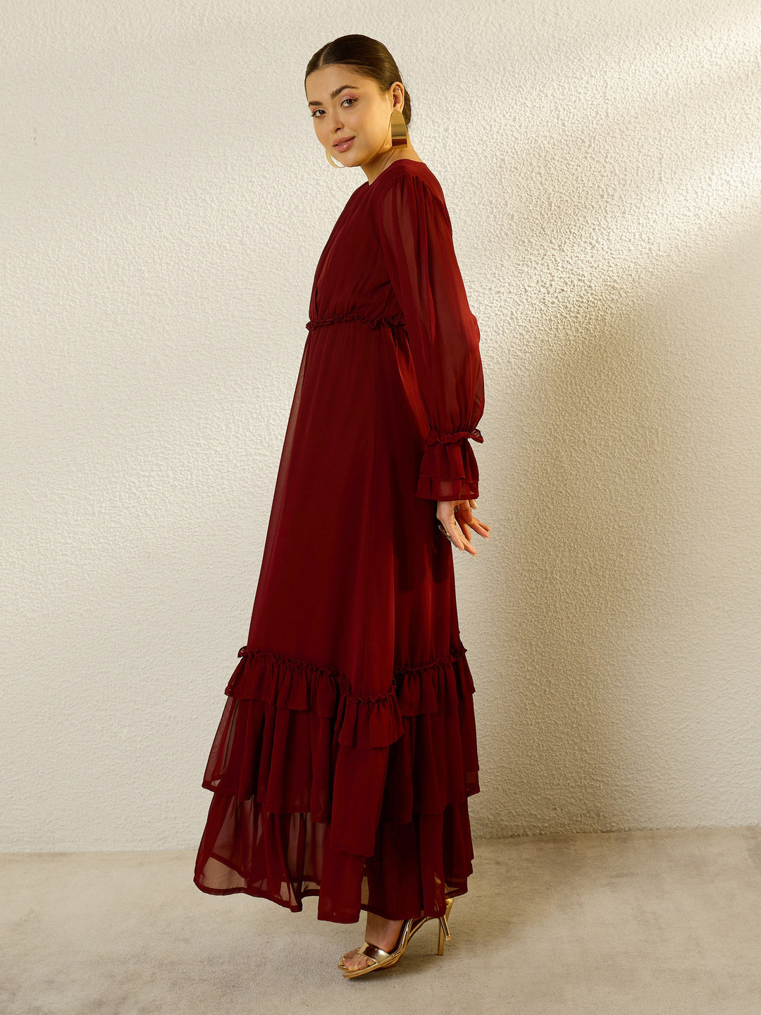 Women Maroon V-Neck Flared Maxi Dress