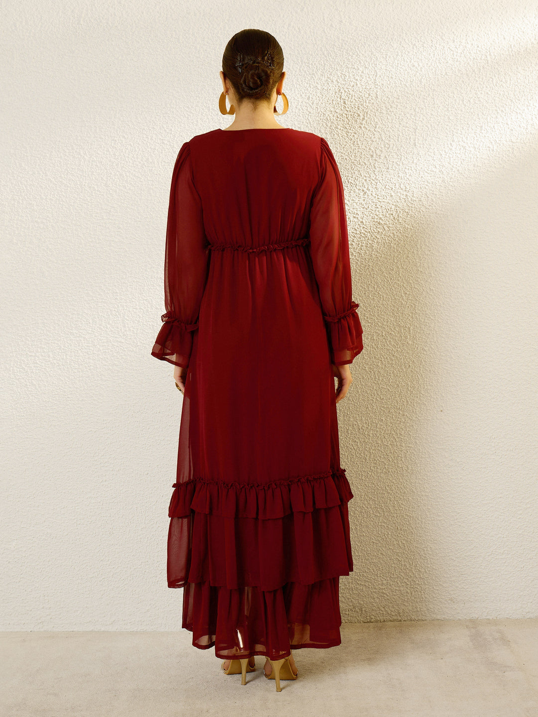 Women Maroon V-Neck Flared Maxi Dress