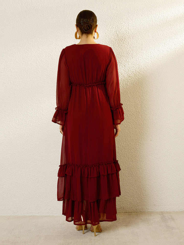 Women Maroon V-Neck Flared Maxi Dress