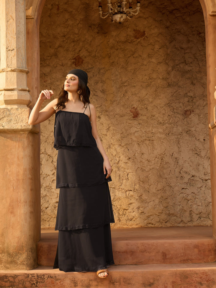 Women Black Frill Strappy Maxi Dress