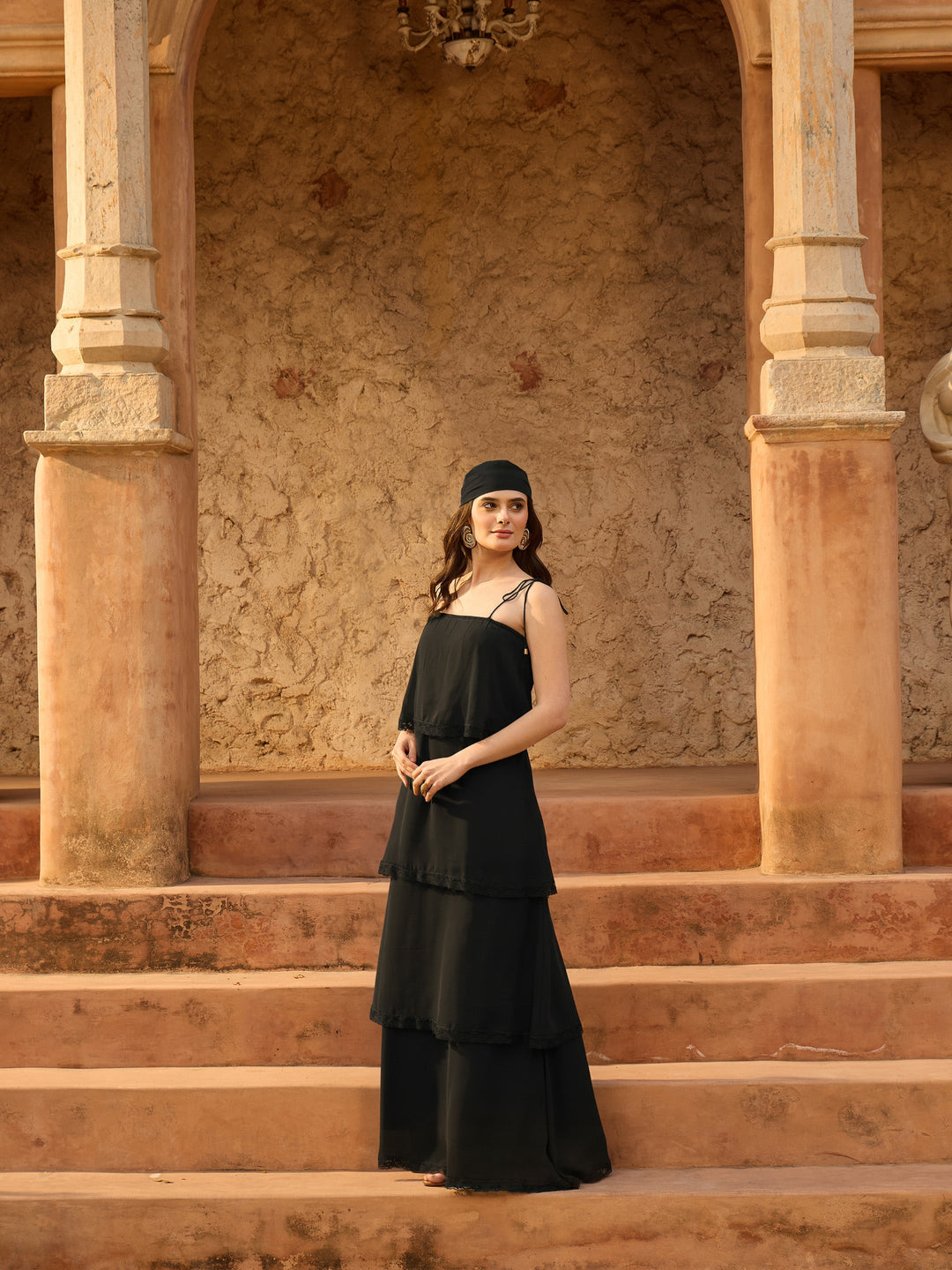 Women Black Frill Strappy Maxi Dress
