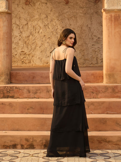Women Black Frill Strappy Maxi Dress
