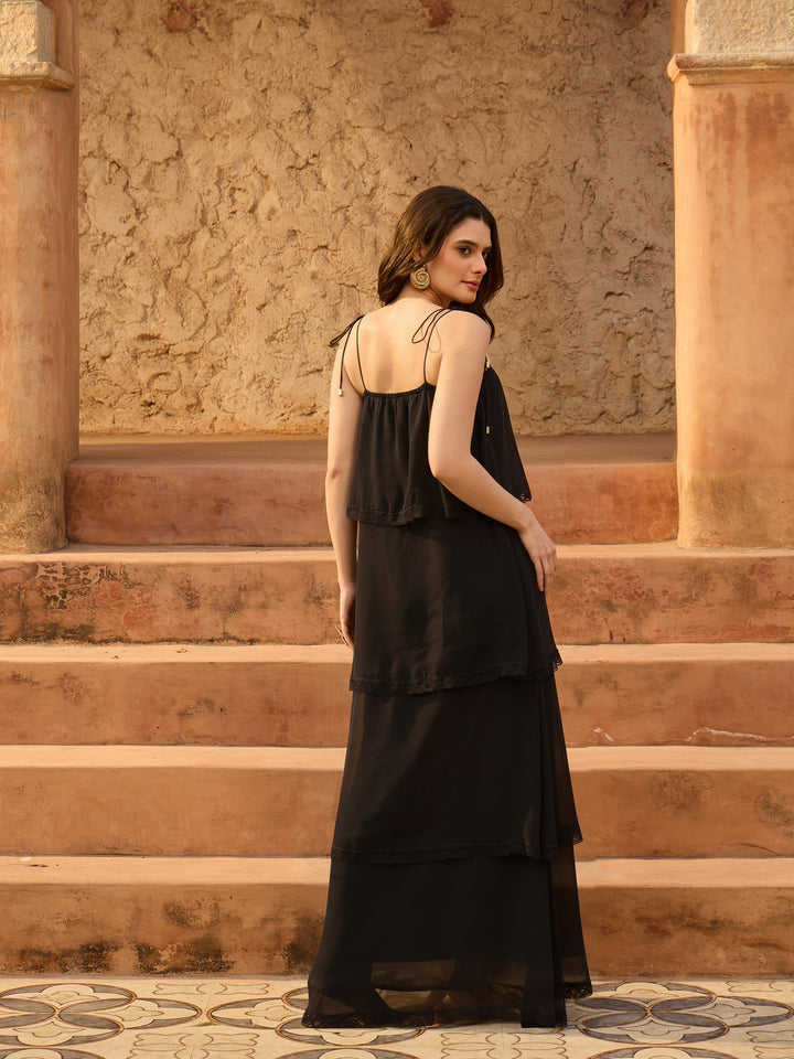 Women Black Frill Strappy Maxi Dress