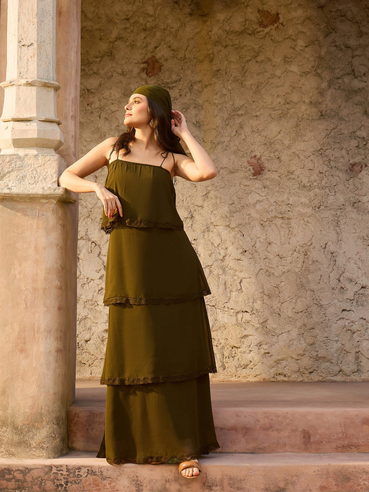 Women Olive Frill Strappy Maxi Dress