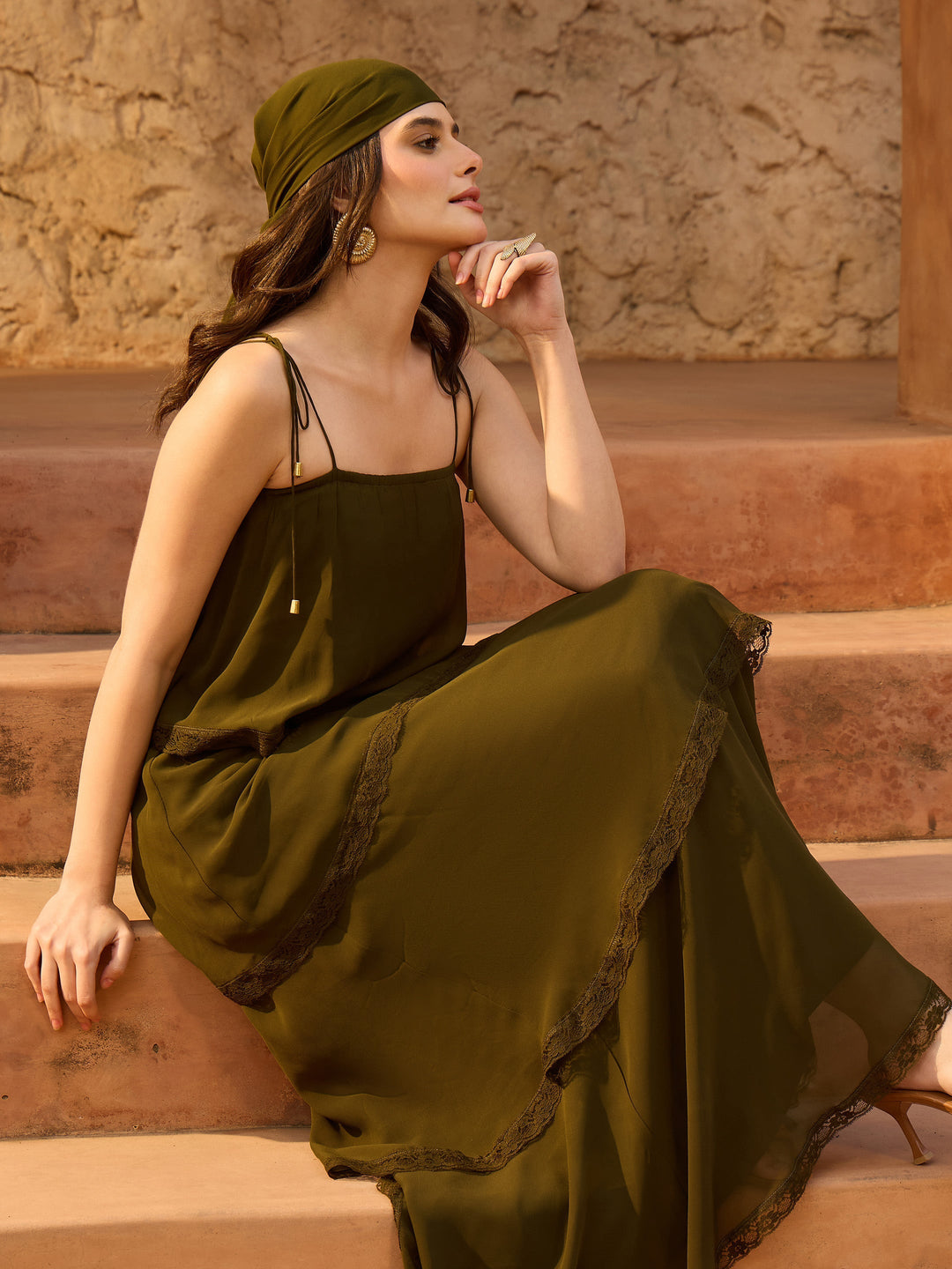 Women Olive Frill Strappy Maxi Dress