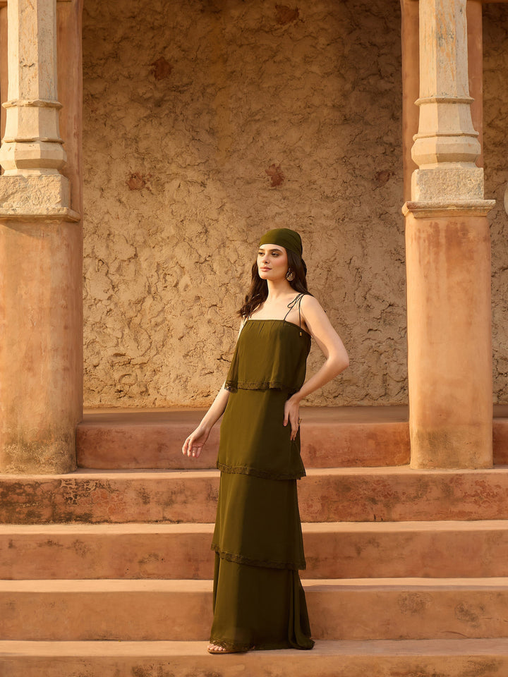Women Olive Frill Strappy Maxi Dress