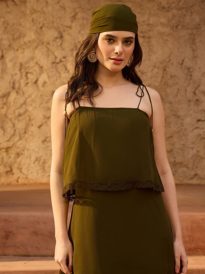 Women Olive Frill Strappy Maxi Dress