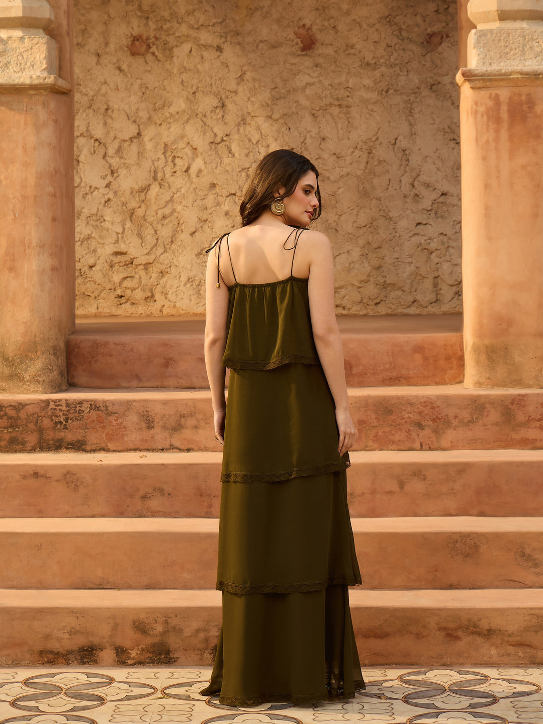 Women Olive Frill Strappy Maxi Dress