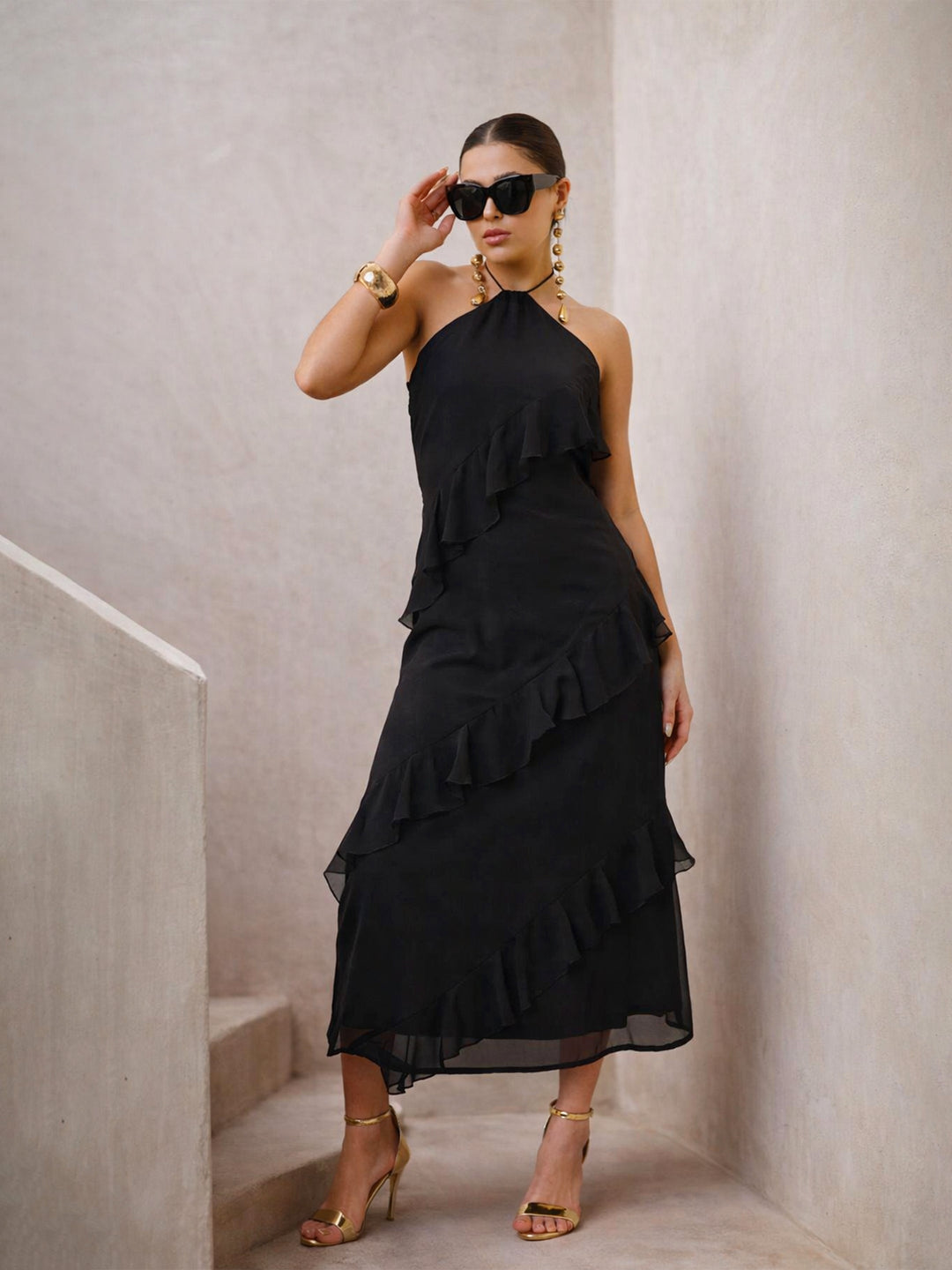 Women Black Halter Neck Maxi Dress