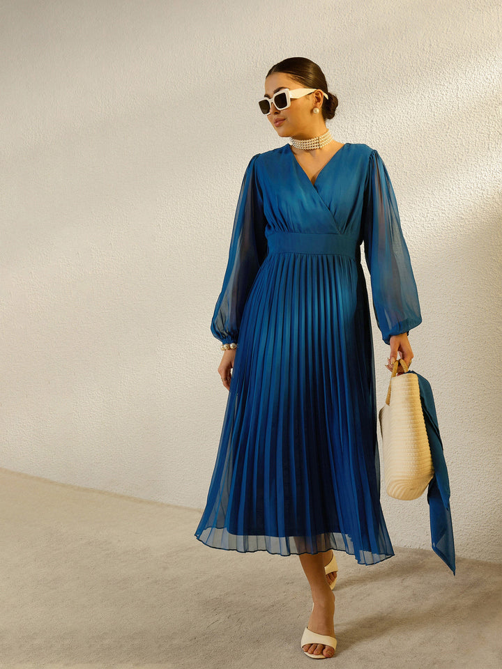 Women Blue V-Neck Full Sleeve Pleated Midi Dress