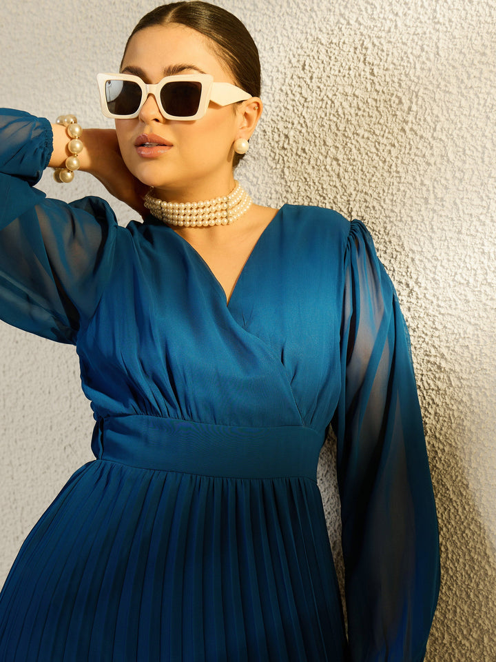 Women Blue V-Neck Full Sleeve Pleated Midi Dress