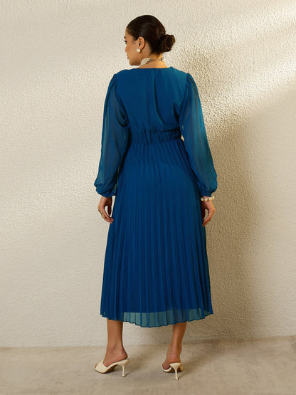 Women Blue V-Neck Full Sleeve Pleated Midi Dress