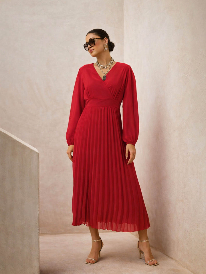 Women Red V-Neck Full Sleeve Pleated Midi Dress