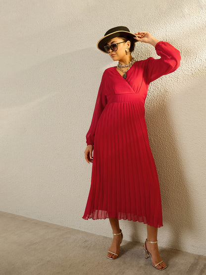 Women Red V-Neck Full Sleeve Pleated Midi Dress