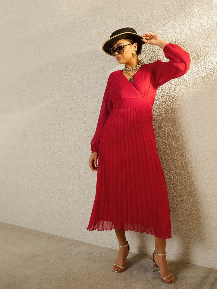 Women Red V-Neck Full Sleeve Pleated Midi Dress