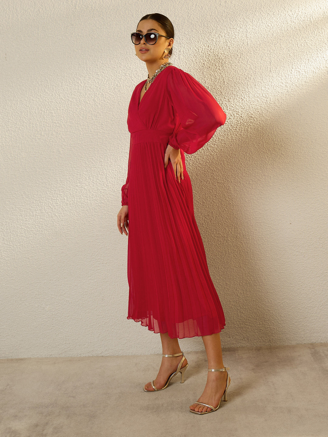 Women Red V-Neck Full Sleeve Pleated Midi Dress