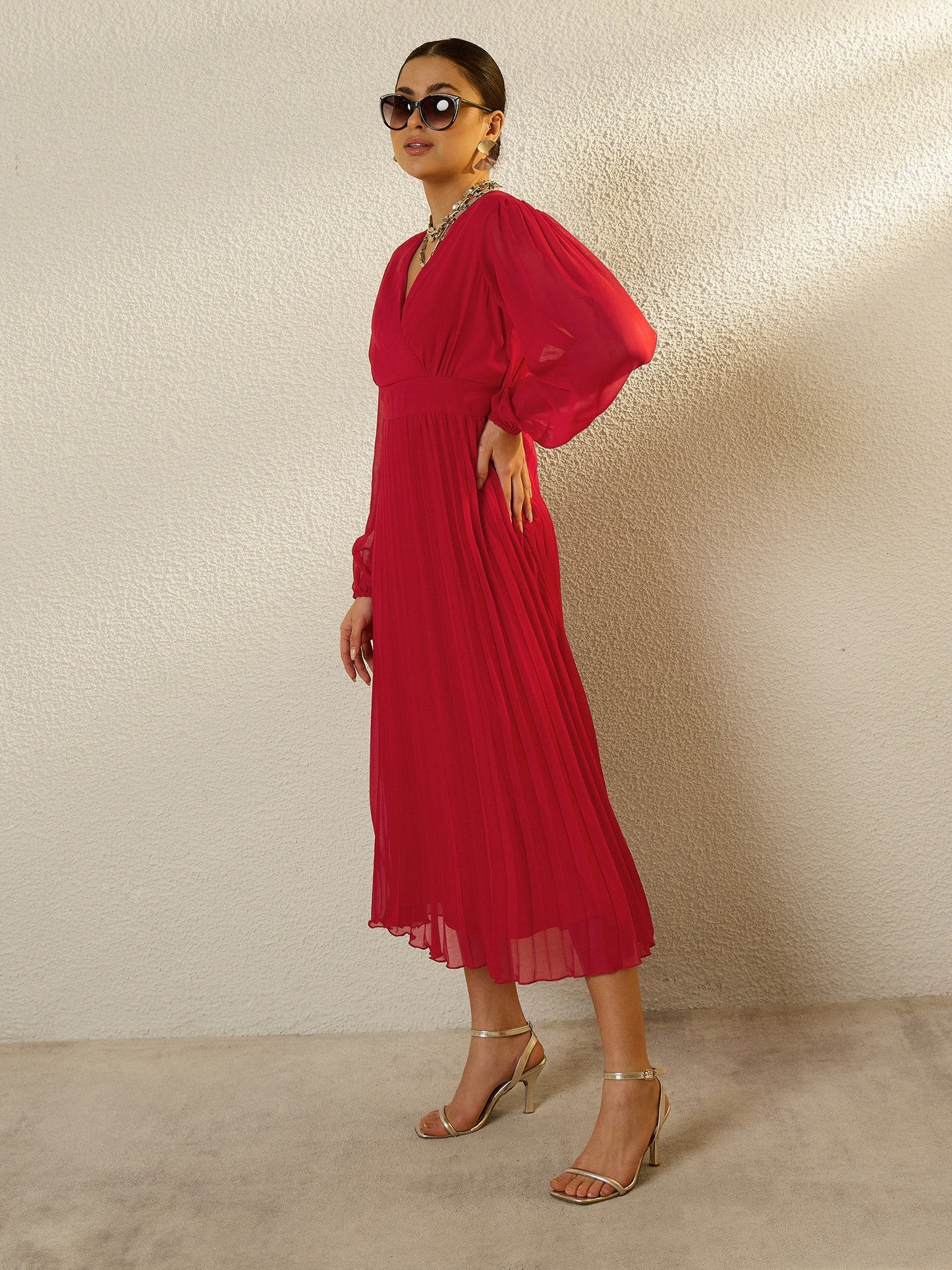 Women Red V-Neck Full Sleeve Pleated Midi Dress