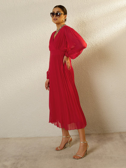 Women Red V-Neck Full Sleeve Pleated Midi Dress