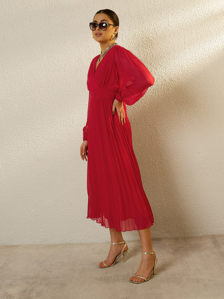 Women Red V-Neck Full Sleeve Pleated Midi Dress