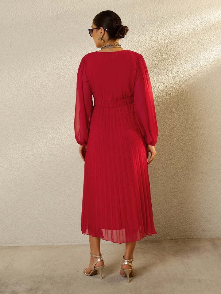Women Red V-Neck Full Sleeve Pleated Midi Dress