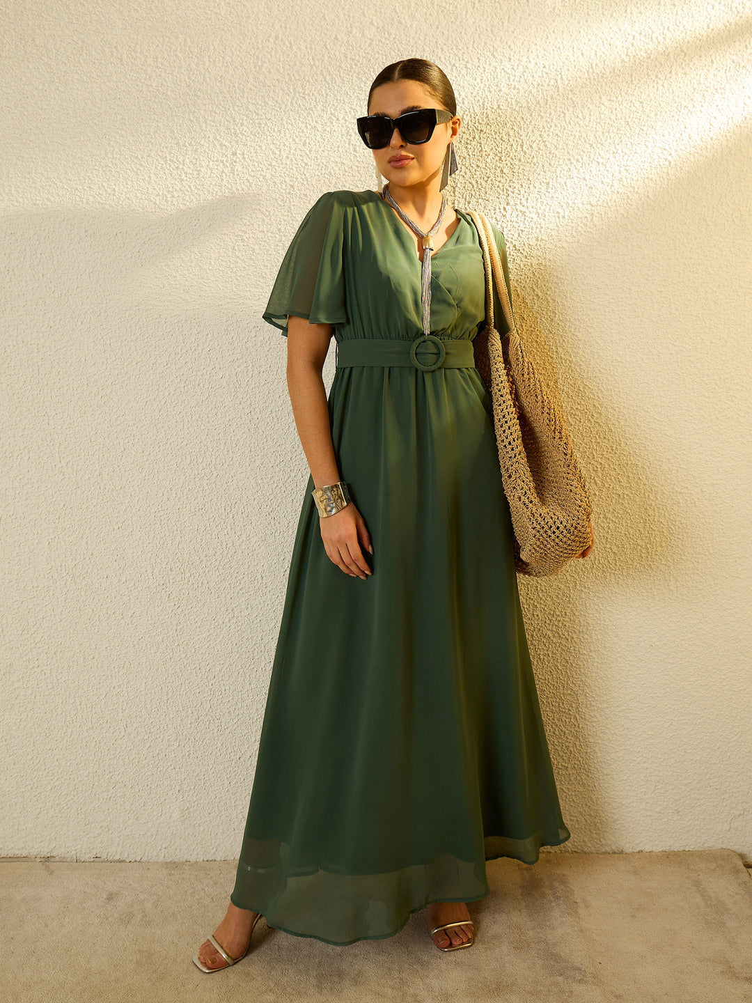 Women Green V-Neck Short Sleeve Belted Maxi Dress