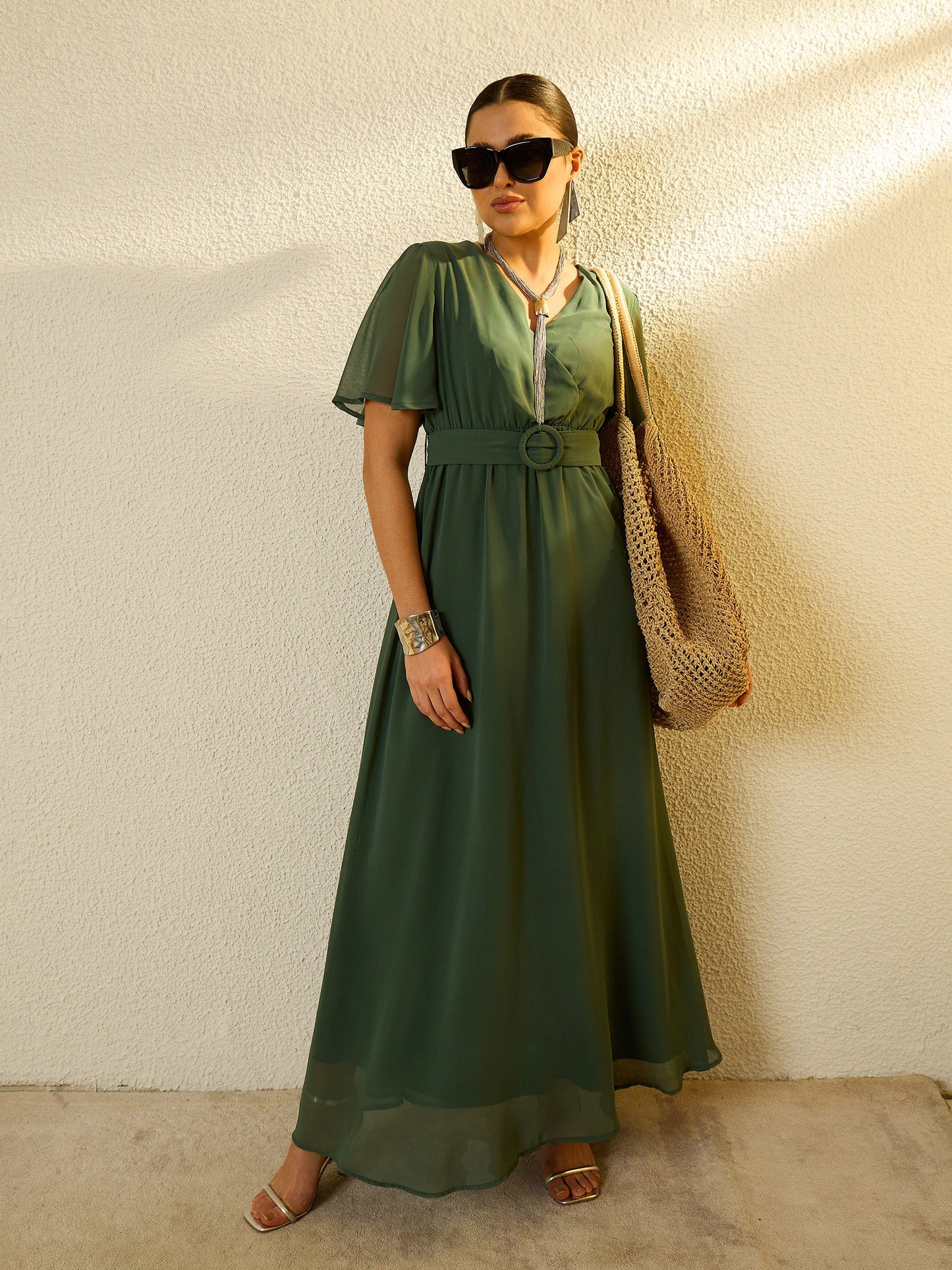 Women Green V-Neck Short Sleeve Belted Maxi Dress