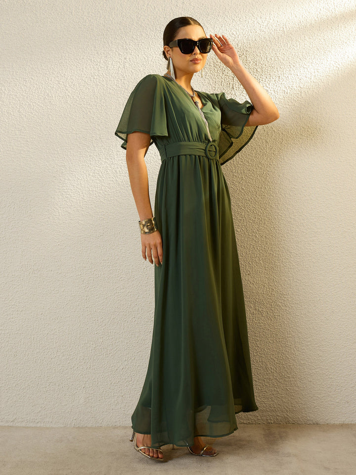 Women Green V-Neck Short Sleeve Belted Maxi Dress