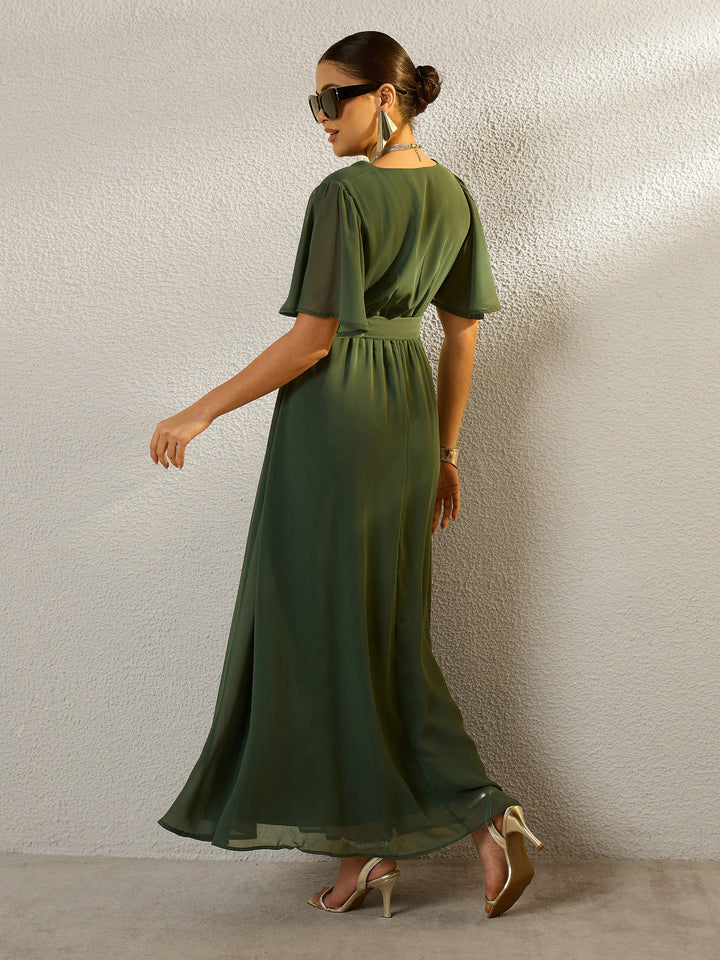 Women Green V-Neck Short Sleeve Belted Maxi Dress