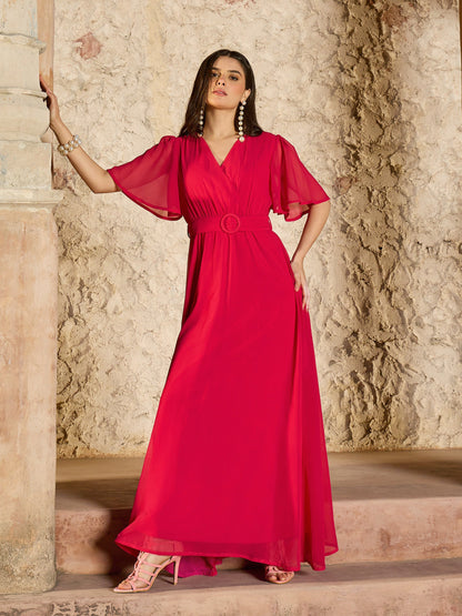 Women Fuchsia V-Neck Short Sleeve Belted Maxi Dress