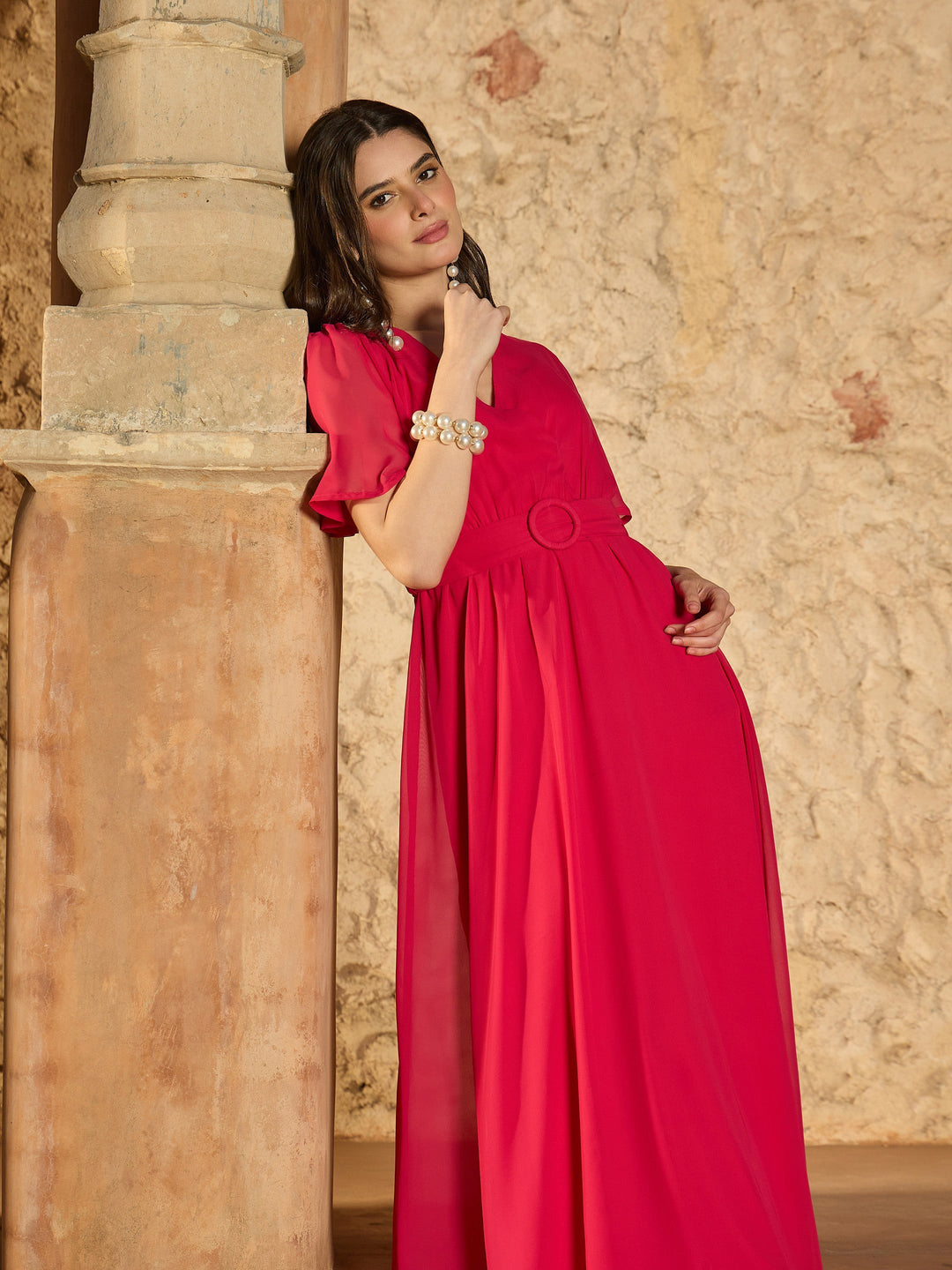 Women Fuchsia V-Neck Short Sleeve Belted Maxi Dress
