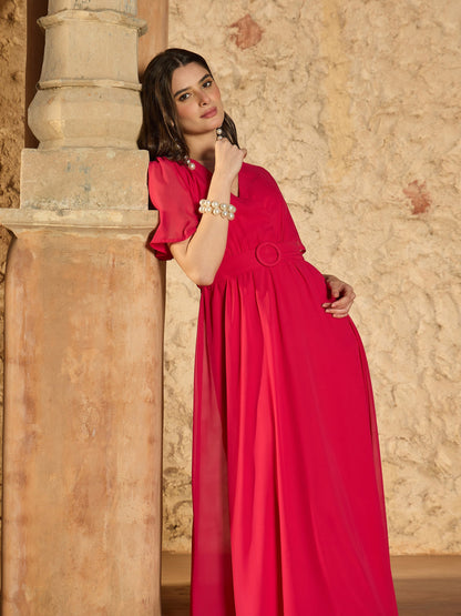 Women Fuchsia V-Neck Short Sleeve Belted Maxi Dress