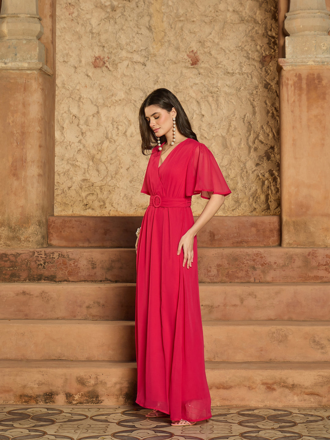 Women Fuchsia V-Neck Short Sleeve Belted Maxi Dress